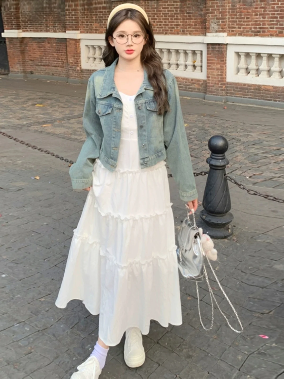 

plus Size Women's Spring Summer Slimming Denim A-Line Dr Two-Piece Set Conceal Meat Long Skirt Casual Loose Fit High Waist