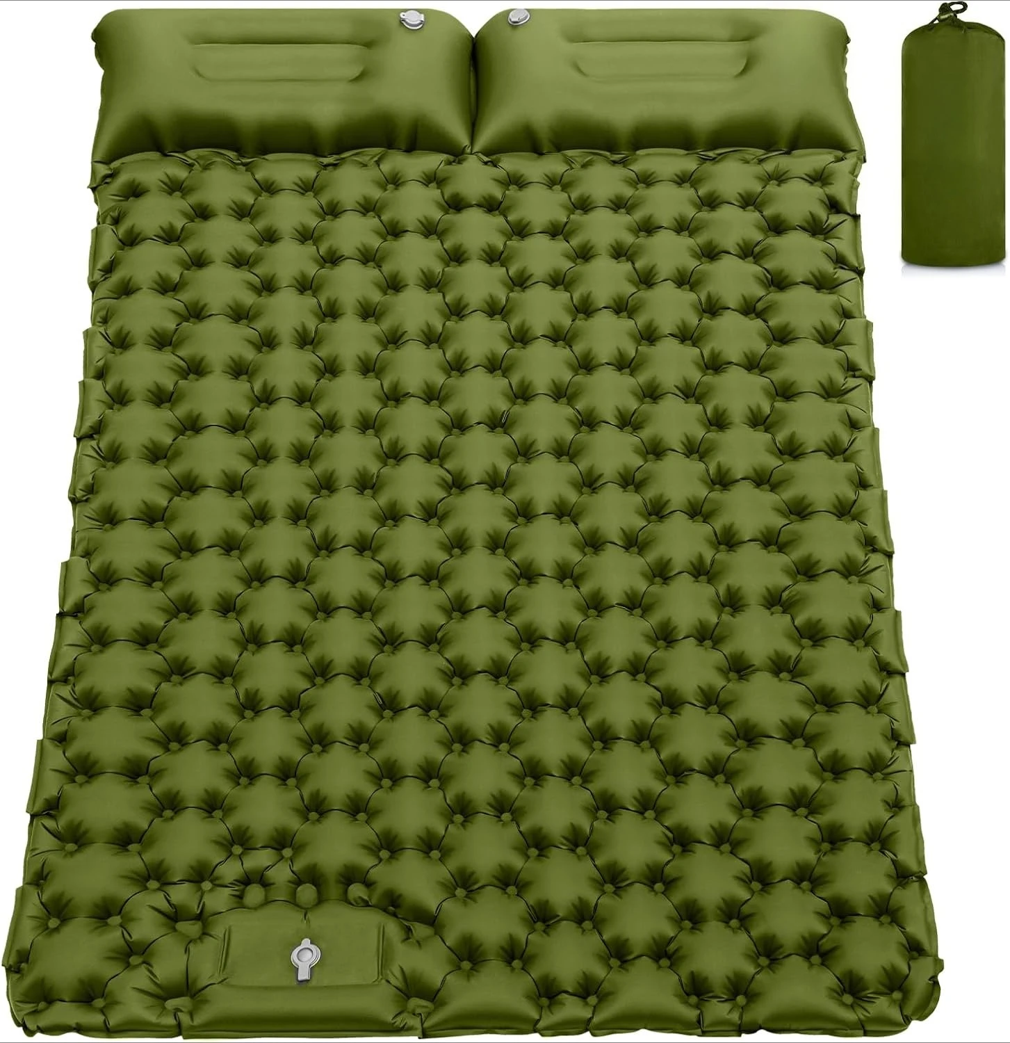 Green 3 Inch Thick Two-Person Self-Inflating Camping Pad Built-In Foot Pump Separate Pillows Portable Double Mat For Tent Backpacking Hiking Trip