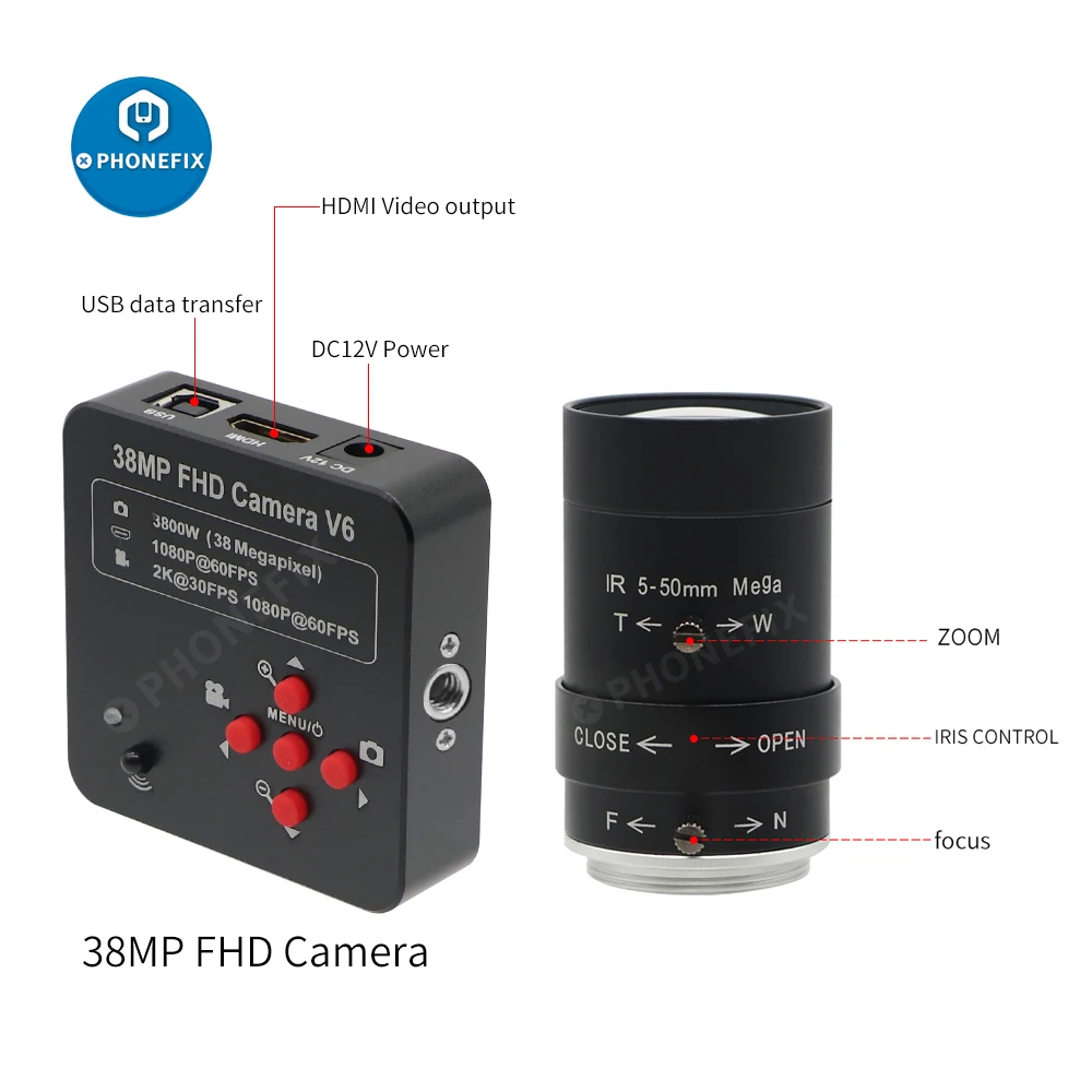 

38MP 60FPS HDMI Industrial Camera Streaming Webcam with 1/3" CS Mount F1.6 5-50mm Varifocal Lens for Live Broadcast Recording