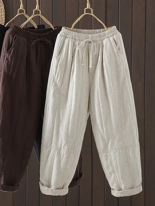 

Высококачественные льняные широкие хлопковые брюки для женщин, зимние, с эластичным поясом на шнурке, утепленные, в стиле ретро, для активного отдыха, модель «Харлан»