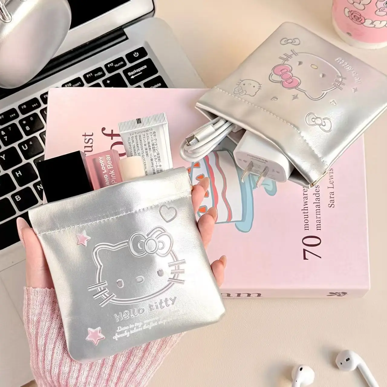 Sanrio hello kitty saco de armazenamento de cabo de dados de estilhaços de fechamento automático usb flash drive fone de ouvido carregador batom saco de maquiagem