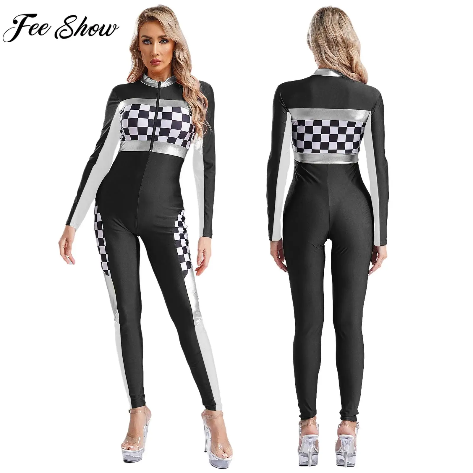 Women Racer Driver Cosplay Costume Long Sleeve Zipper Checkerboard Racing Cheerleading Jumpsuit Clubwear for Halloween Carnival