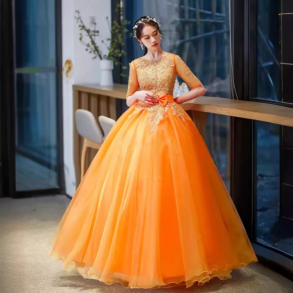 Vestidos de quinceañera naranja, lazo dulce de 16 años, fiesta de graduación, Vintage, largo hasta el suelo, lentejuelas, vestido de baile, bordado de encaje, Media manga