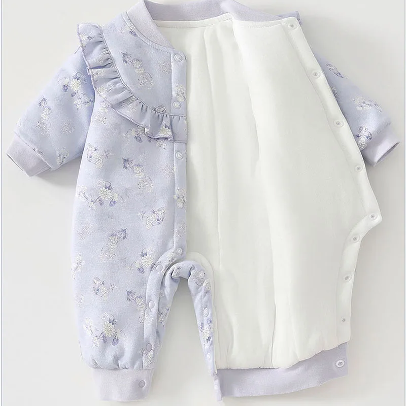 2025 Winter 100% Cotton Inner Thick Baby Jumpsuit Class A Skin Friendly Side-release Button Floral Print for Boys Girls 0-18M