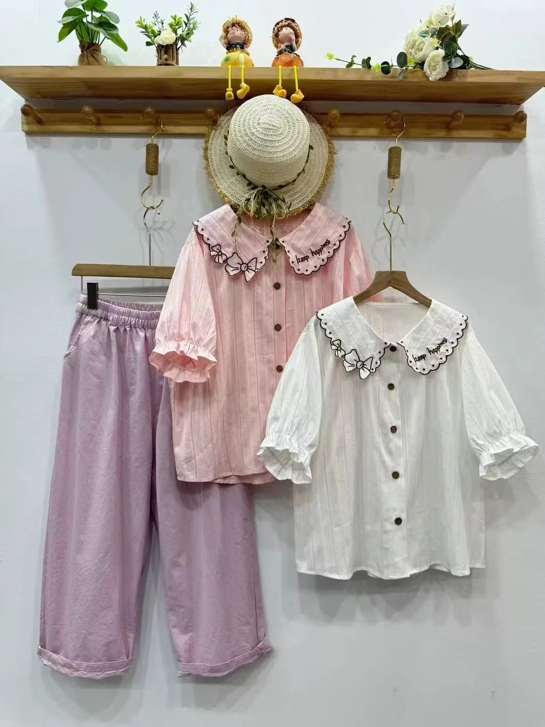 

2025 Cute clothes mori kei Japanese style peter pan collar white pink shirt sleeve shirts and blouses bow embroider shirts