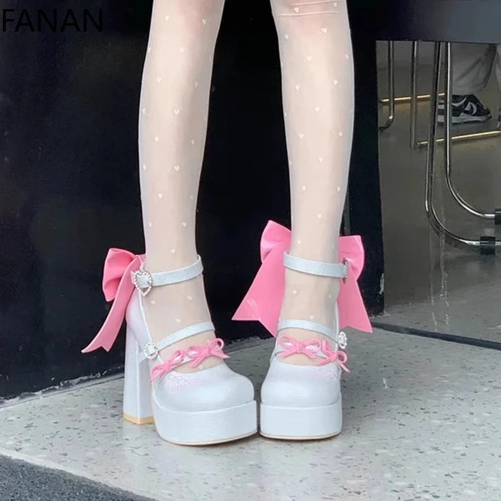 

2025 New Lolita Denim Blue Heels Elegant Bow Mary Jane Pumps Girls Single Shoes Waterproof Casual Platform Shoes for Women