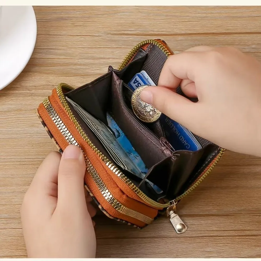 New Leopard Print Short Wallet PU Leather Multi Card Slot Card Holder Double Zipper Large Capacity Coin Pouch For Women