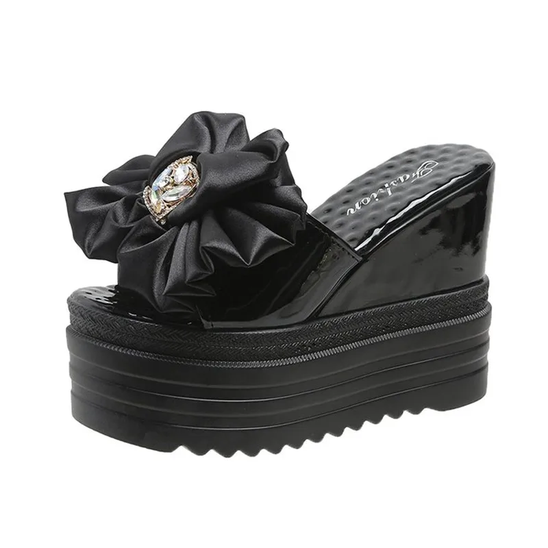 12cm High-Heeled Women's Slippers Sexy Platform Luxury Diamond Bowknot Slides Increased Internal Wedge Peep Toe Ladies Sandals