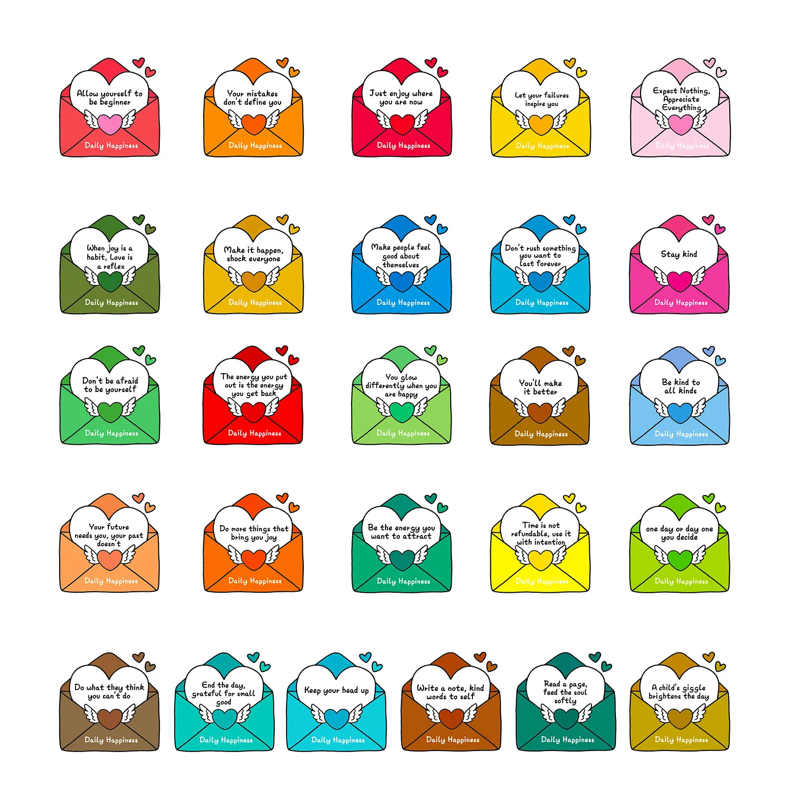 56PCS Cartoon Happy Daily Envelope Text Sticker DIY Decoration Mobile Phone Case Water Cup Skateboard Notebook Toy Gift Sticker