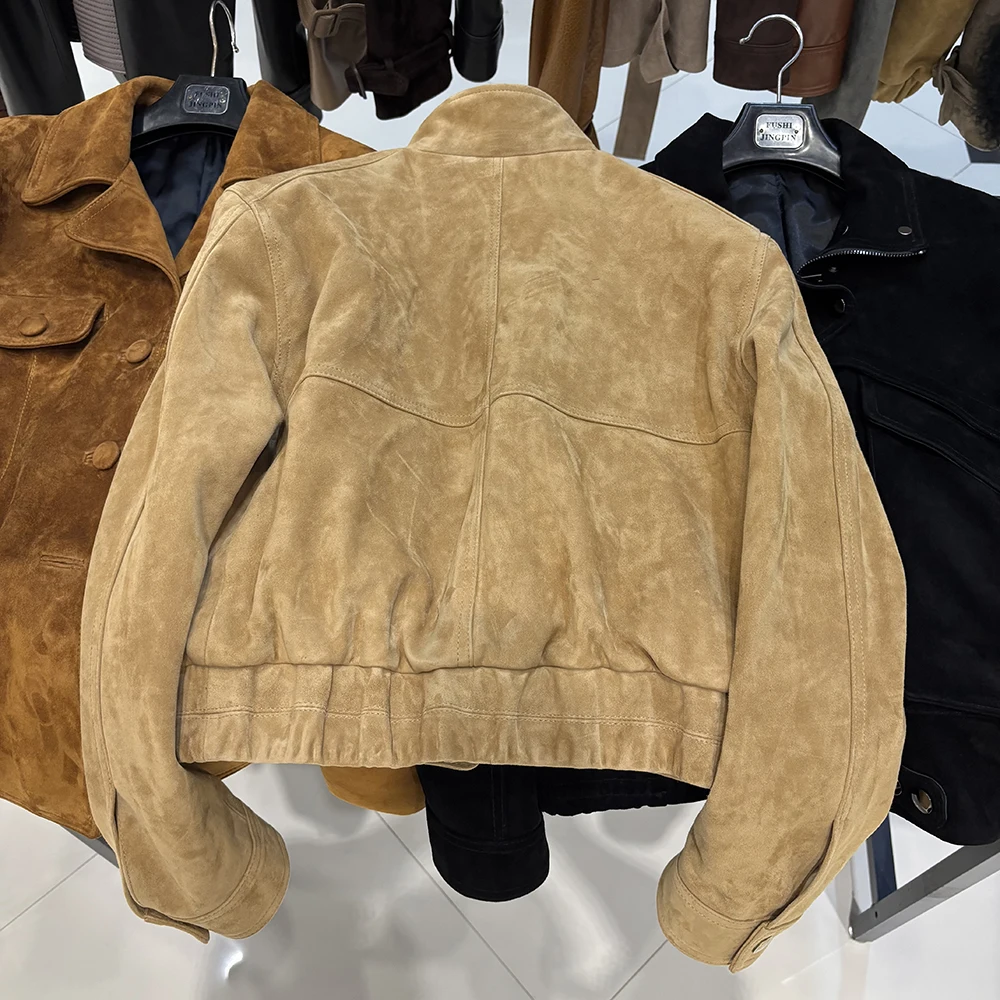 YOLOAgain 2026 Spring Short Suede Bomber Jacket Women Genuine Sheepskin Leather Jacket Ladies