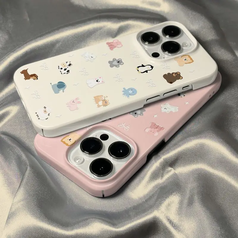 Koreanische Ins Niedlichen Cartoon Tier Elefant Bär Pinguin Hund Bogen Telefon Fall für iPhone 16 15 14 13 Pro max 12 11 Zurück Abdeckung Fonds