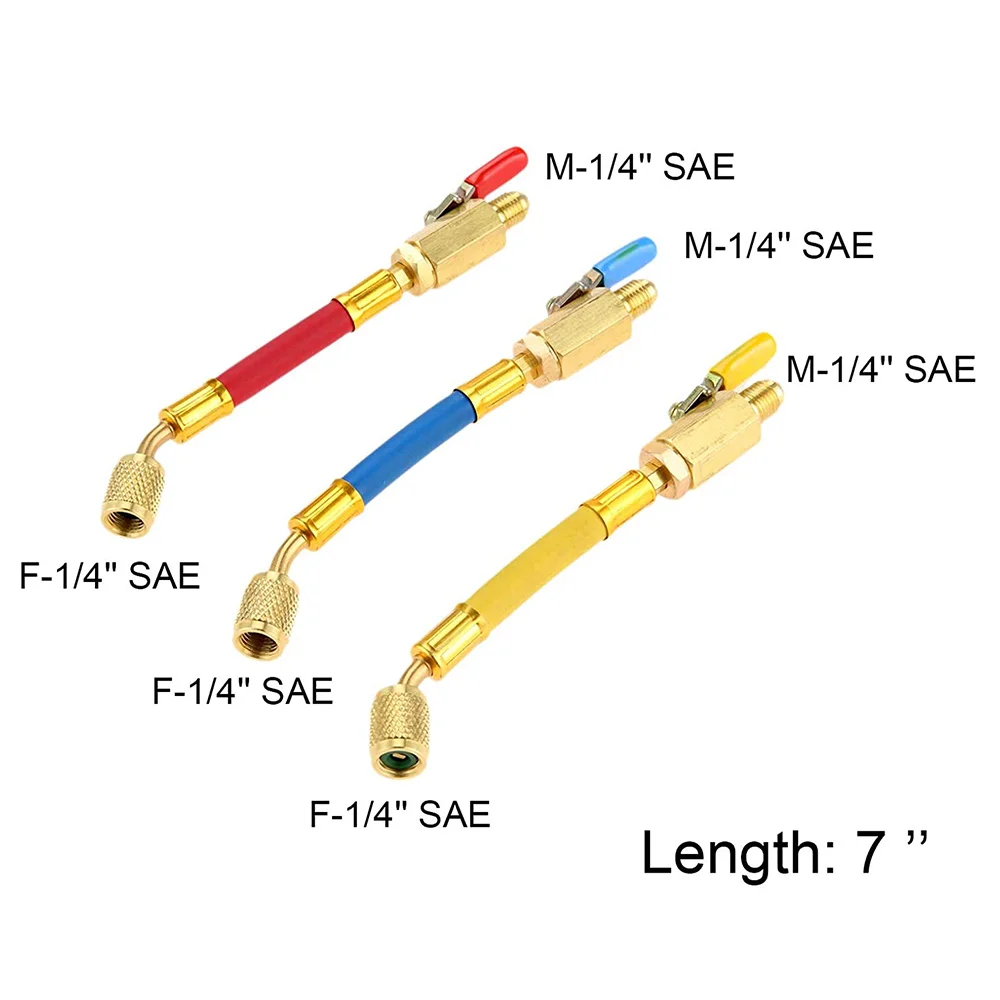 R134A R410A R22 R12 Charging Hoses and Ball Valve Kit Coded Hoses Ball Valve 1/4Inch SAE Thread for AC HVAC Maintenance