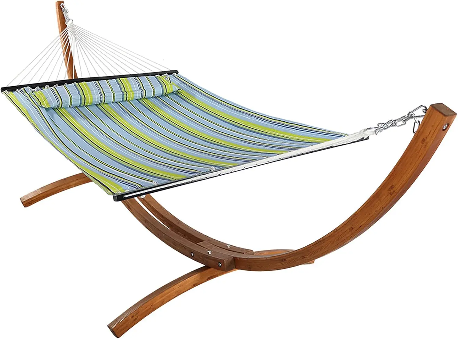 

Sunnydaze Double Quilted Fabric Hammock with 12-Foot Curved Arc Wood Stand - 400-Pound Capacity - Blue and Green