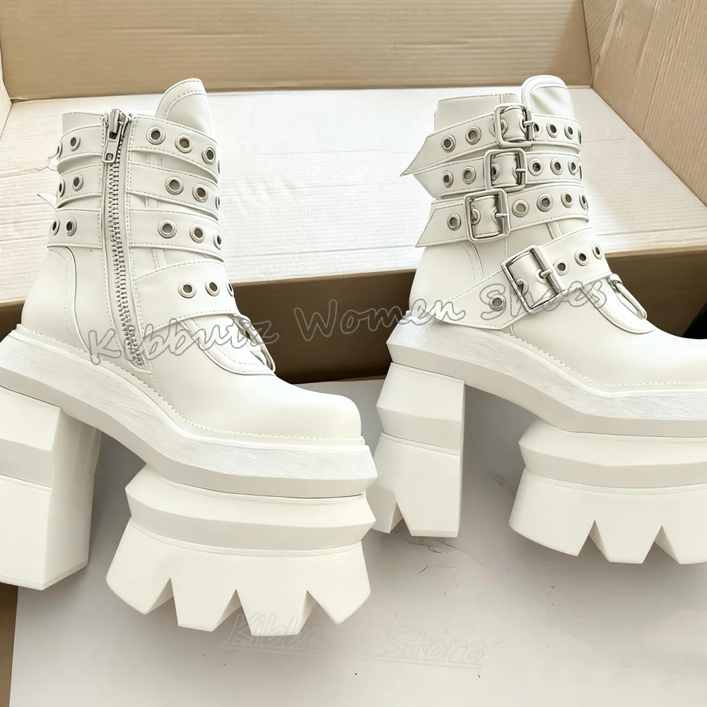 

Ankle Boots Metal Decor Belt Buckle Round Toe Chunky Heels Leather Solid Color Rock Punk Gothic Novelty Spicy Girl Shoes Newest