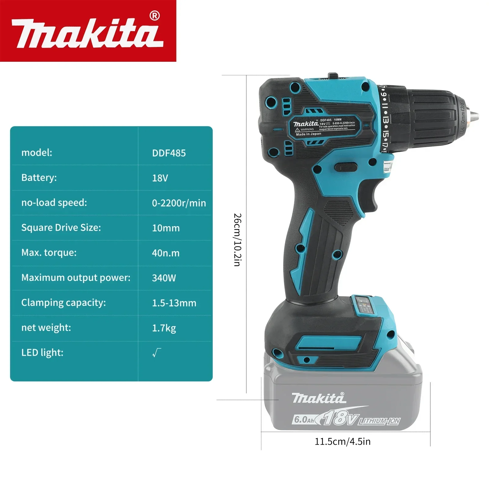 For Makita DDF485 18V 340W Brushless Cordless Drill 0-2200RPM 40N.m 1.5-13mm Chuck 3Modes Wood Concrete Drilling Hand tools Only