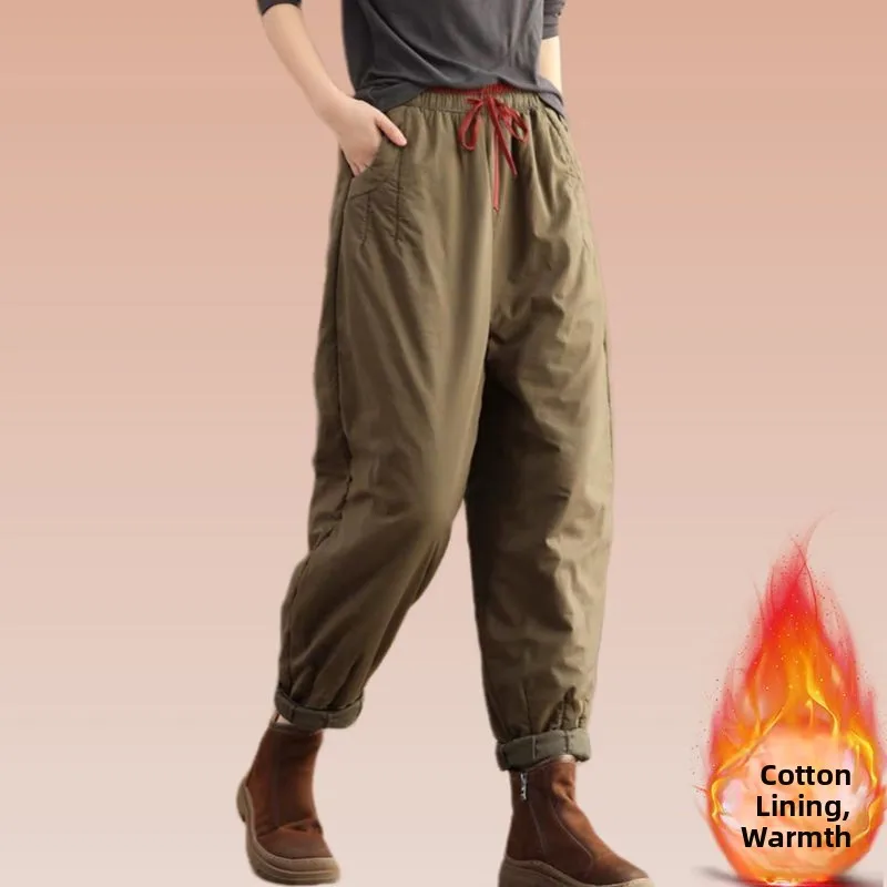 

Женские зимние утепленные хлопковые повседневные брюки с высокой талией, в стиле пэчворк, эластичные, свободные, в стиле Харлан, теплые, из полиэфирного волокна