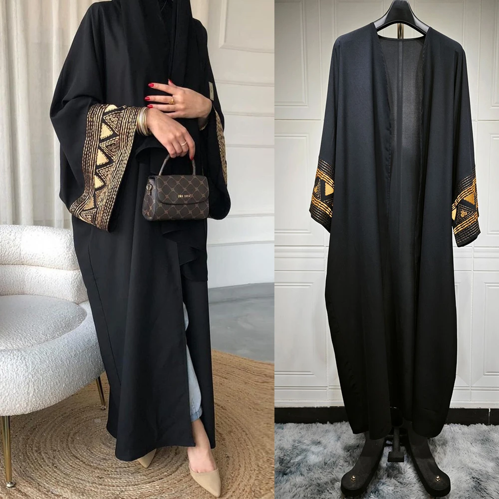 Arab Ramandan Eid Black White Embroidery Open Modest Abaya Dubai Muslim Kimono Abayas For Women Kaftan Dresses Islamic Clothing