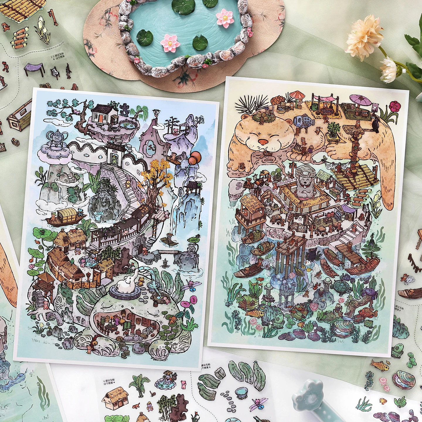 2.5D Chinese Style Mountain Village Scene Building Stickers Kit DIY Diorama Animal for Junk Journal Scrapbooking Craft Supplies