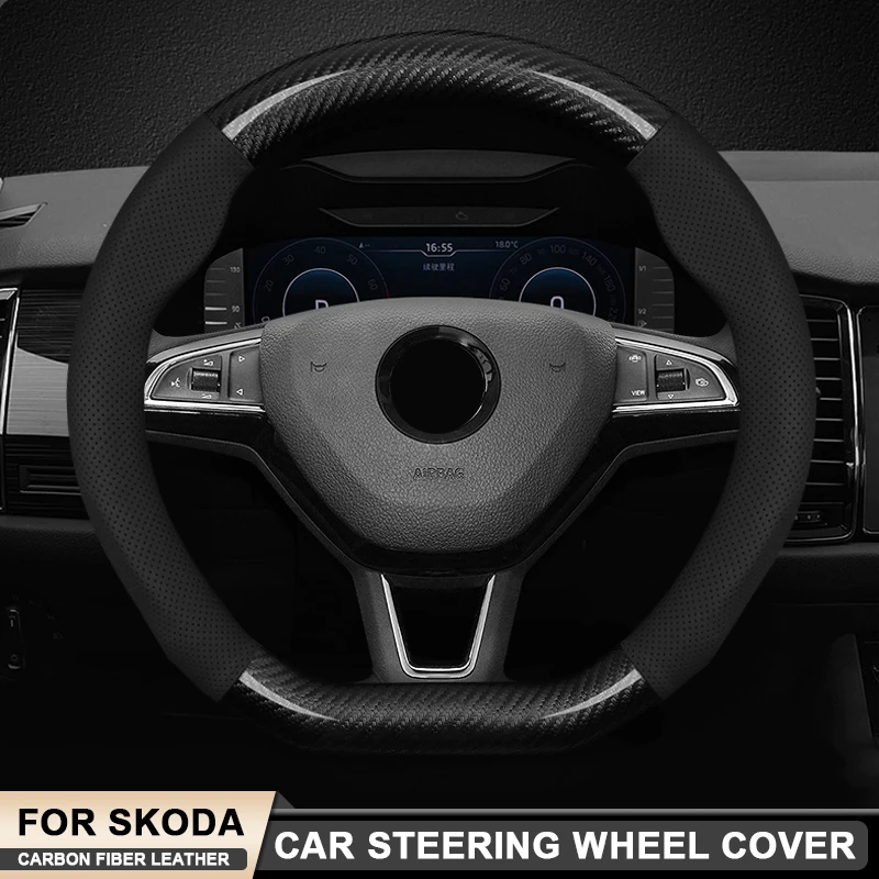 

Car Carbon Fiber Leather Steering Wheel Cover For Skoda VRS Kodiaq Karoq Kamiq Octavia 1 a5 Scala Superb Yeti Fabia ENYAQ Citigo
