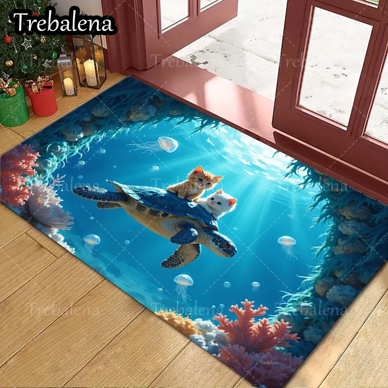 

1pc Welcome Door Mat Cute Cats Riding Turtle Underwater Scene Doormat for Home Decor