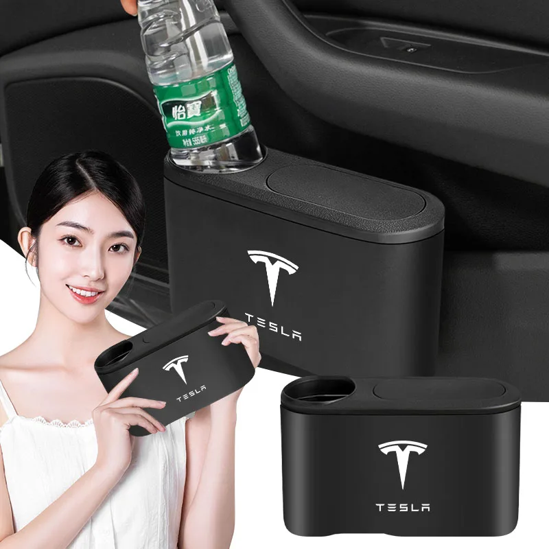 Car Trash Can Hanging Trash Bin with Drink Holder Organizer Box For Tesla Model 3 Y S X Roadster Cybertruck Roadster Bonina Coil