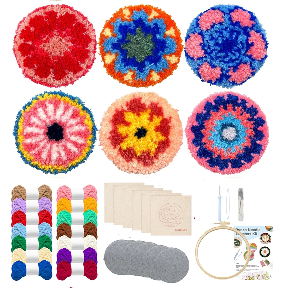 

6pcs Punch Needle Kit Adults Beginner Flower Punch Needle Kits Adults Beginner Coasters Hoops and Yarns DIY Rug Drink Coasters