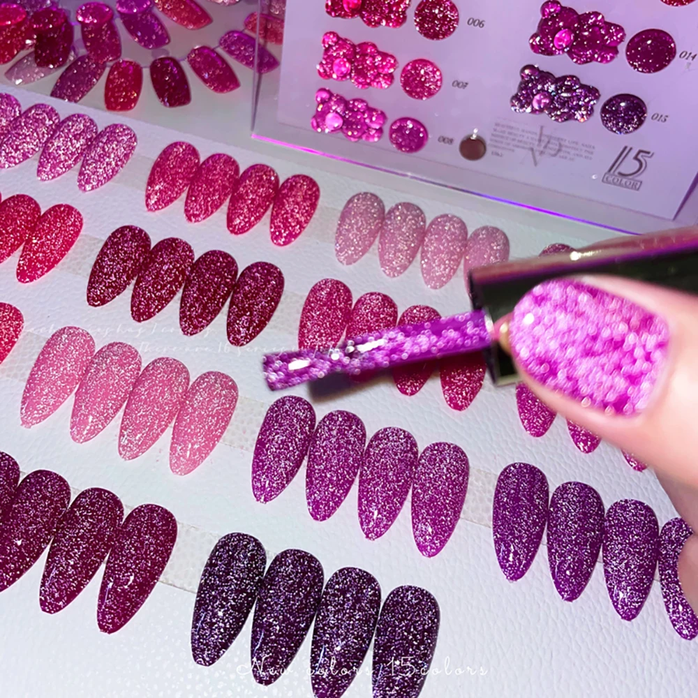 Vendeeni 15 Farben/Set Lila Glitzernder Diamant-Gel-Nagellack Reflektierender Glitzer UV LED Aushärtbarer Gel-Lack mit Display – Detail 5