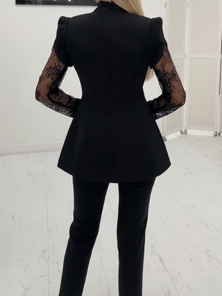 رمش الدانتيل تقليم العميق الخامس الرقبة نفخة الأكمام معطف السترة واحدة الصدر #3