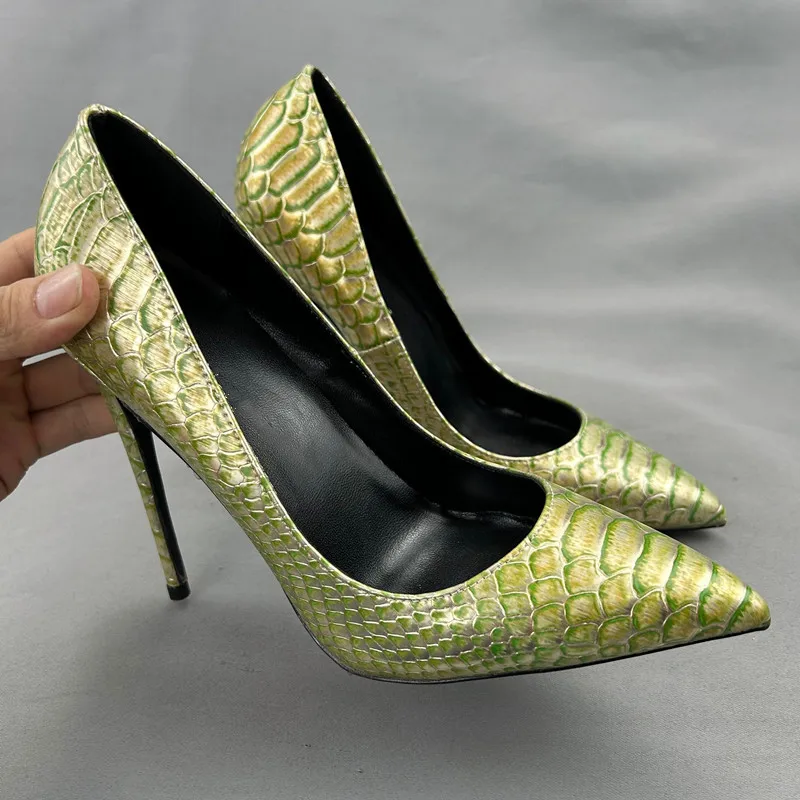 Tikicup Green Crocodile Effect Women Pointy Toe High Heel Shoes Black Inside Sexy Slip On Stiletto Pumps for Party,Lady Office