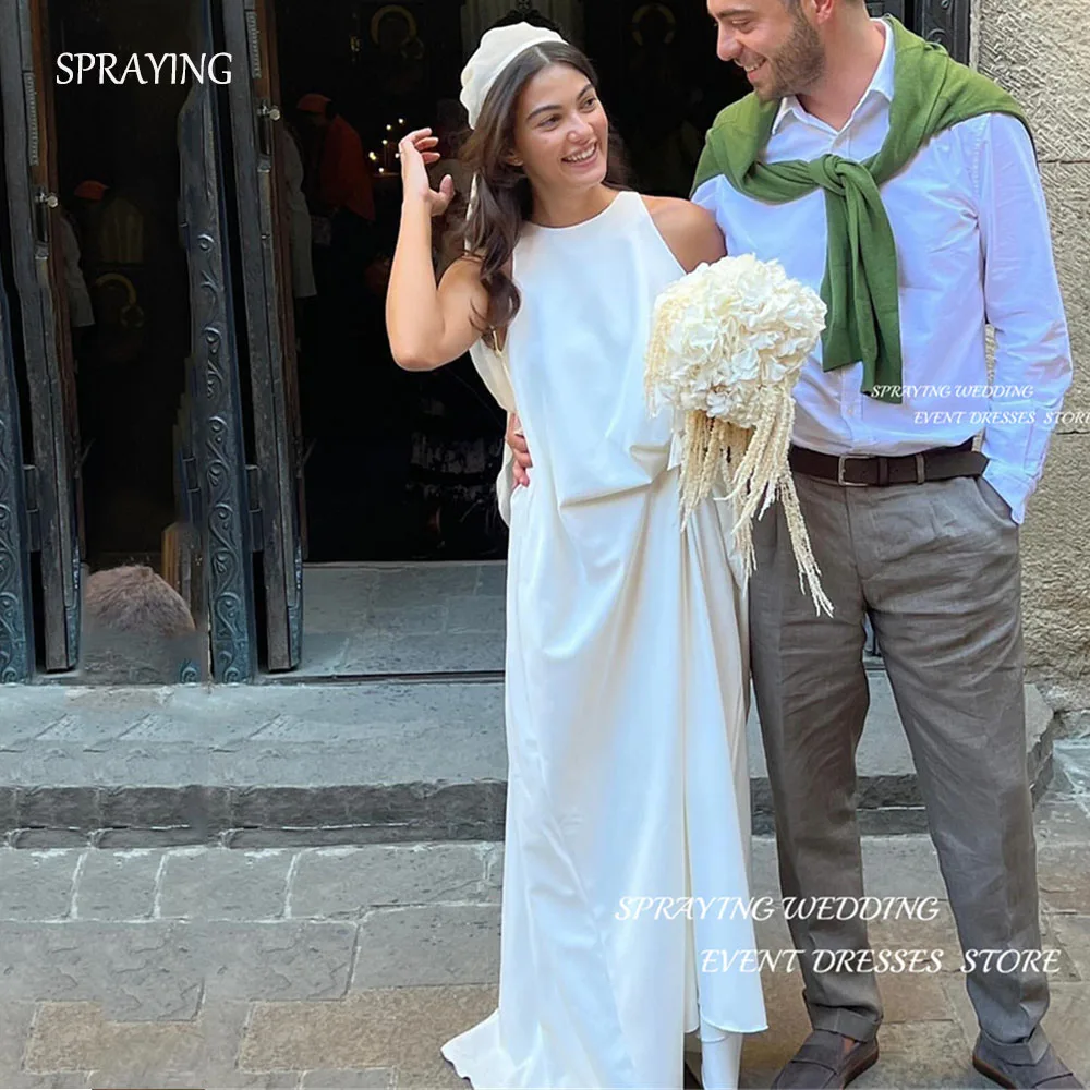 Sprühen einfache weiße Brautkleider O-Ausschnitt Brautkleid Fotoshooting ärmellose boden lange Party kleider