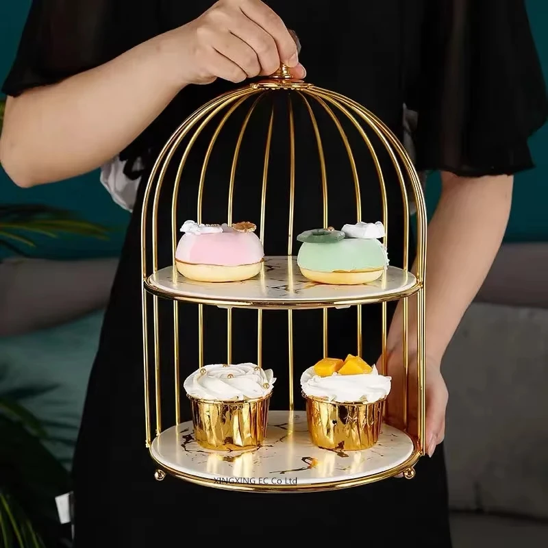 

Fashion Modern Cake Stand Fruit Display Plate Bird Cage Shape Iron Golden Dessert Party Decor Cake Stand Cosmetics Storage Rack