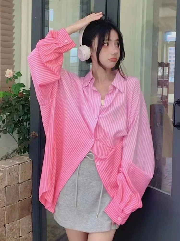 Gradientowa koszula w paski damska Oversize z długim rękawem słodka bluzka koreańska luźna na co dzień kobiece eleganckie topy w stylu vintage
