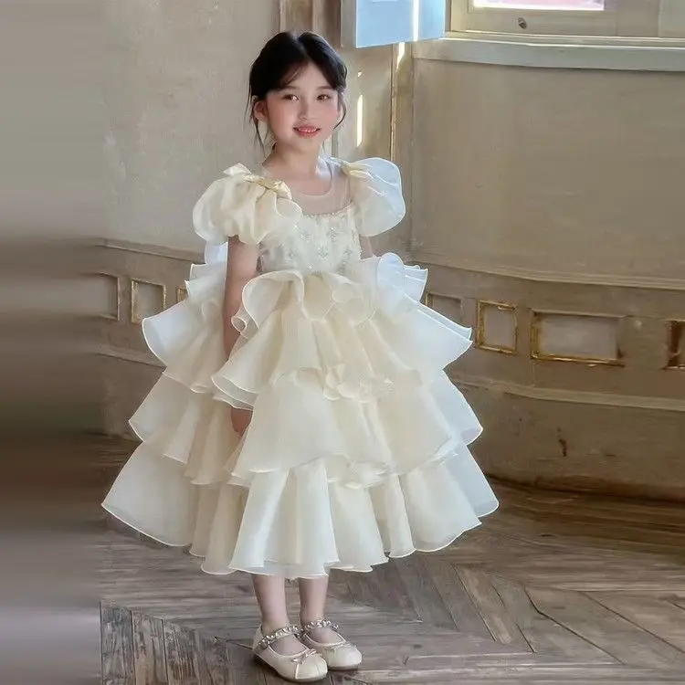 

2025 Solid Color Elegant Bubble Sleeve Mesh Princess Dress Cute Sweet Children's Dress Westernized Dreamy Yarn Dress