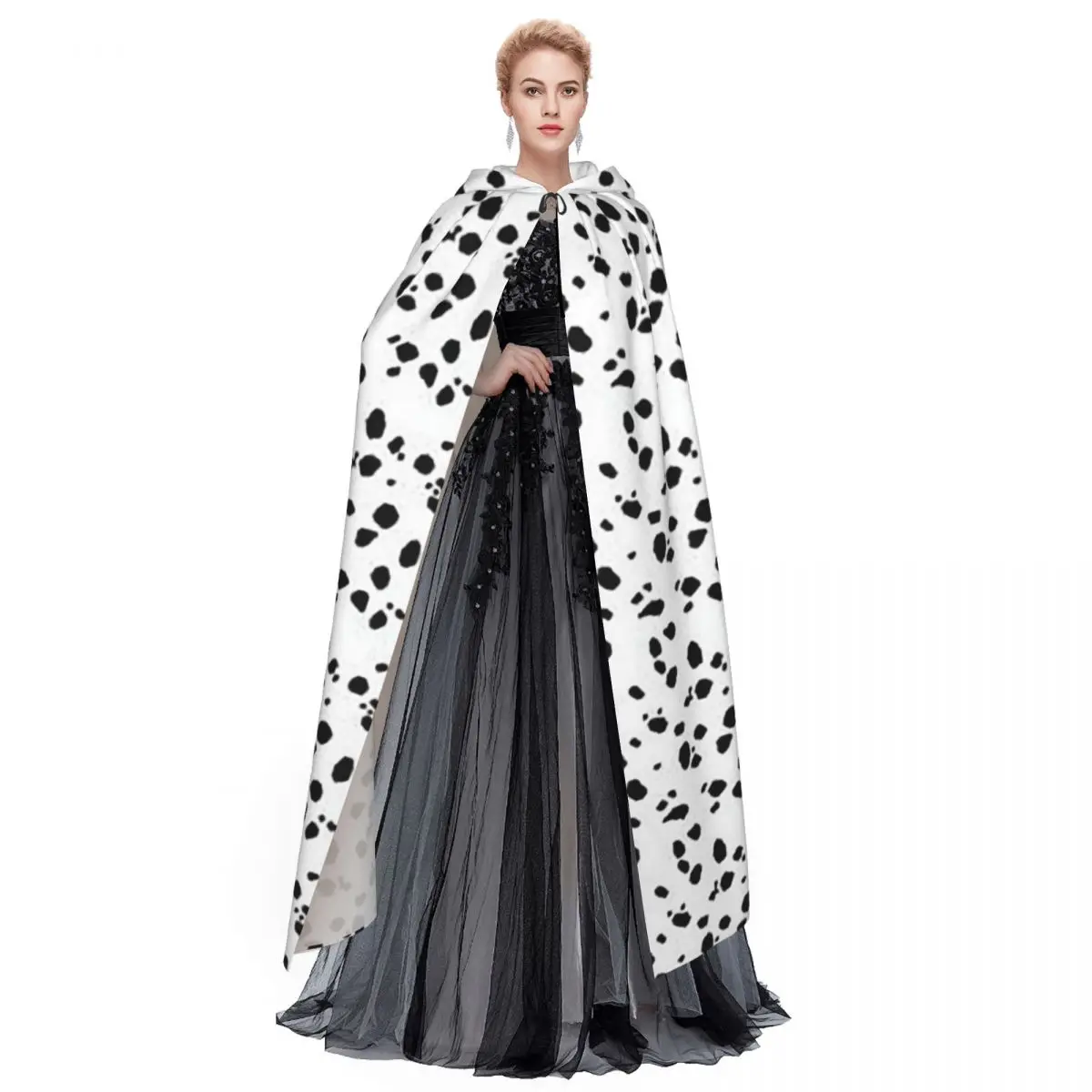 Cute Spots Dots Dalmatian Dog Print Long Hooded Cloak Witch Medieval Costume Cosplay Cape HalloweenVampire Adult Unisex