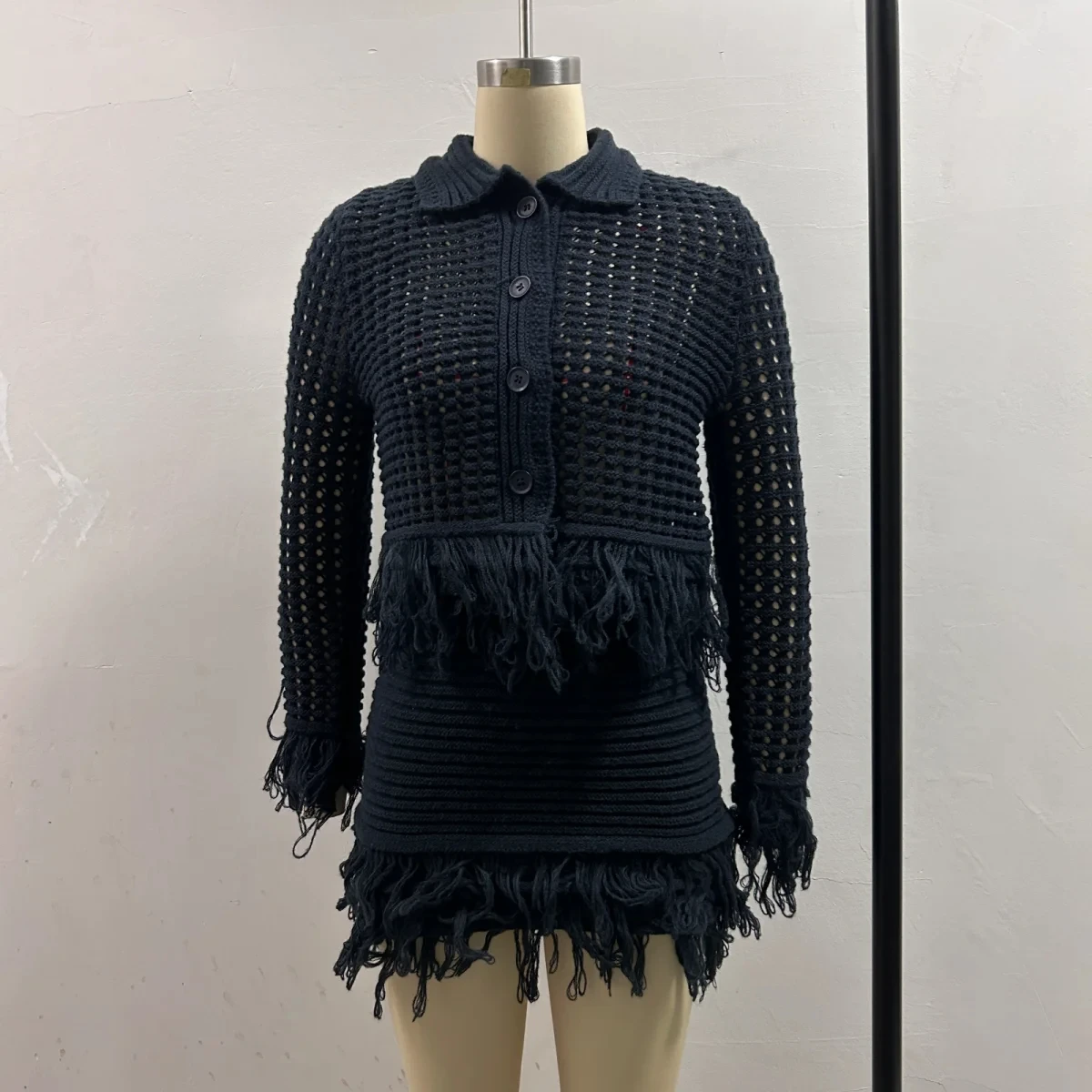 HH Female Vintage Knitted Solid 2 Piece Set Long Sleeve Single Breasted Lapel Tassel Hem Cardigan+Elastic Waist A-line Skirt