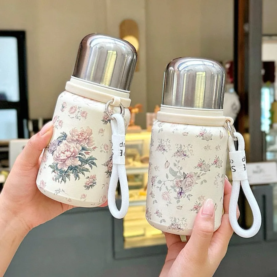 

Rose peony national style printing insulation cup carry rope large capacity portable handheld water cup exquisite water bottle