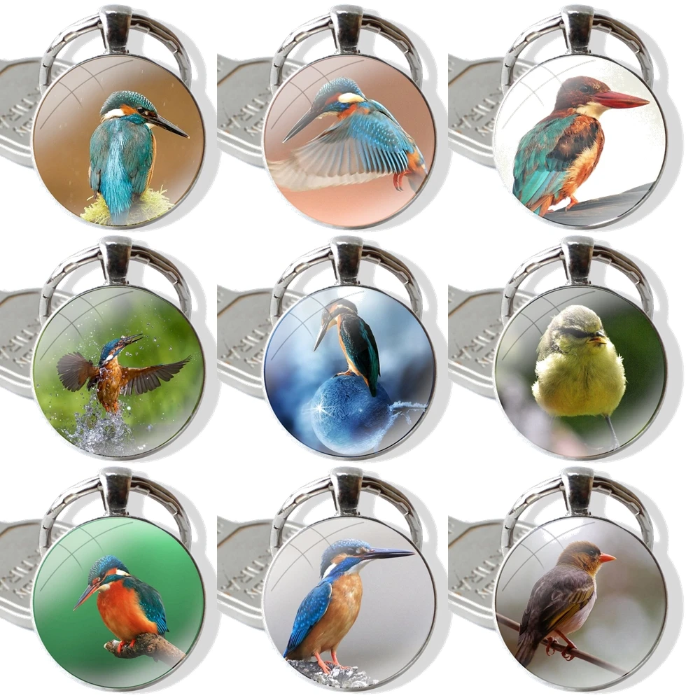 Cute Beautiful Bird Kingfisher 25mm Glass Cabohcon Keychain Key Rings for Women Men Jewelry Gift