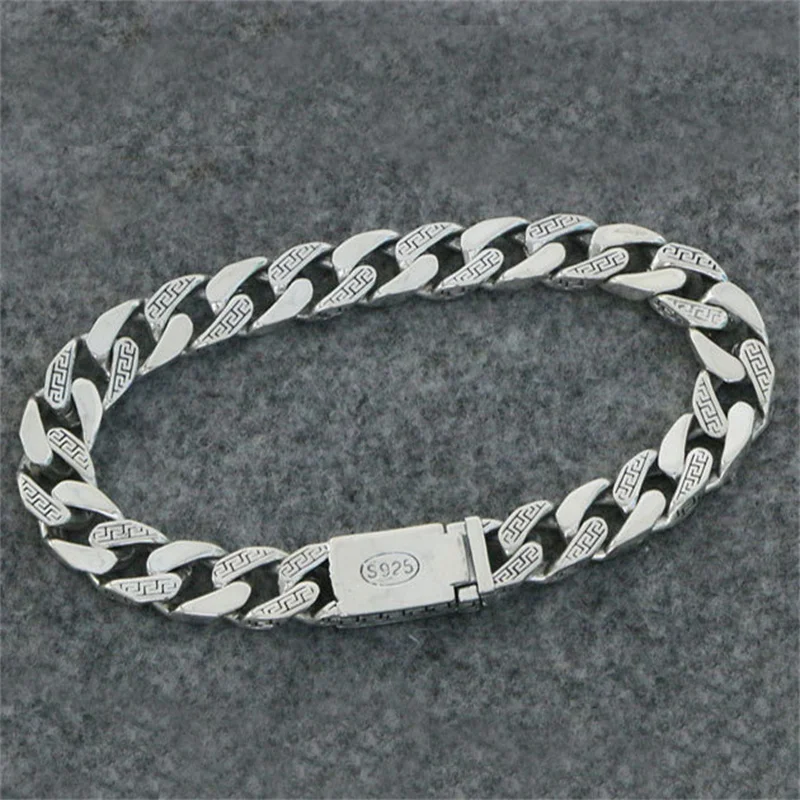 S925 Sterling Silver Charms Bracelets for Men Women New Fashion Greatwall Pattern 9mm Cuban Link Chain Jewelry Wholesale