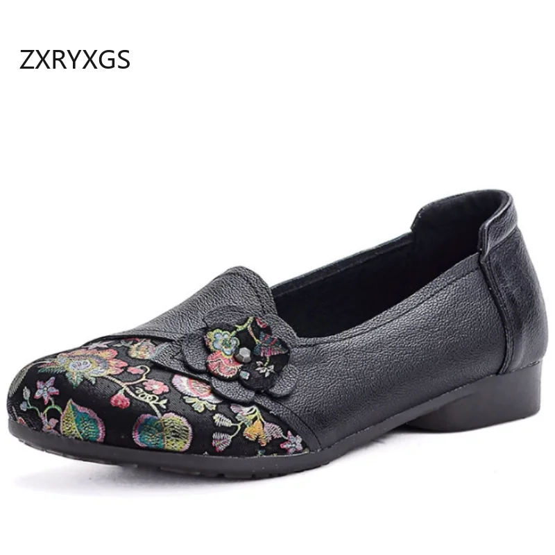 ZXRYXGS Promotion 2026 New Spring Genuine Leather Printing Flowers Shoes Women Stylish Flats Comfortable Soft Sole Women Shoes