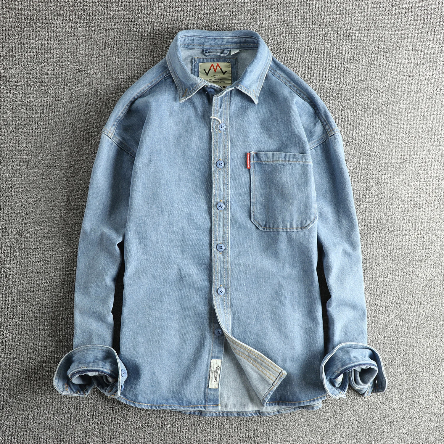 

2025 г., мужская осенняя тяжелая джинсовая рубашка-карго в стиле ретро, повседневная тонкая куртка из 100% хлопка с одним карманом, простой американский стиль