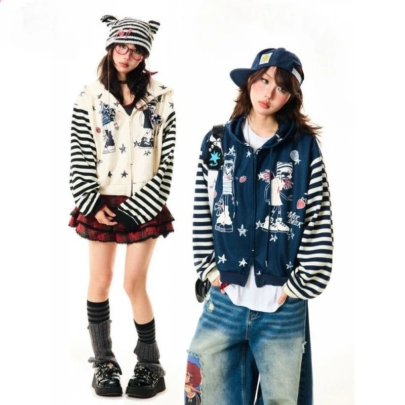 

American Y2k Striped Slim Outwear Spliced Cartton Pattern Casual Long Sleeve Sweeet Cool Style Zipper Woman Drawstring Hooded