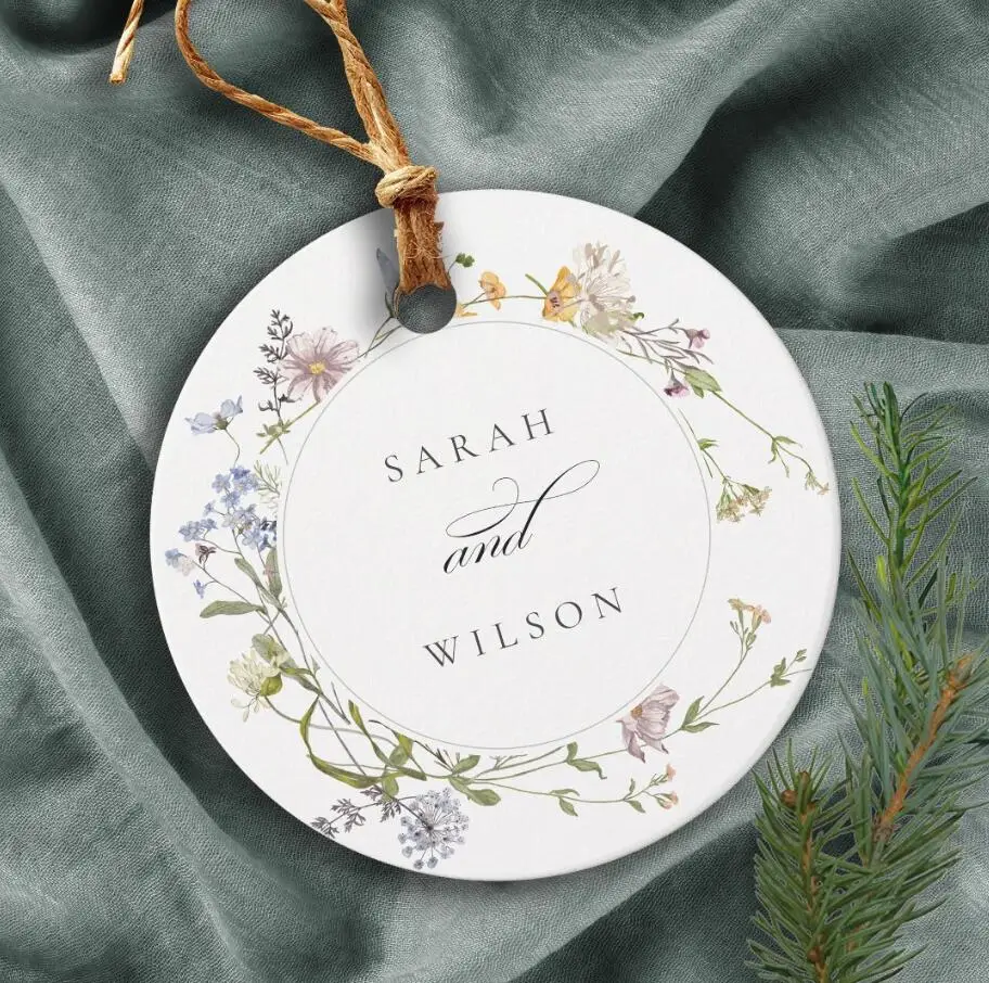 100pcs Personalized Wedding Tag, Round Name Tags Wedding, Custom Wedding Tag with Wildflower Floral Monogram Thank You