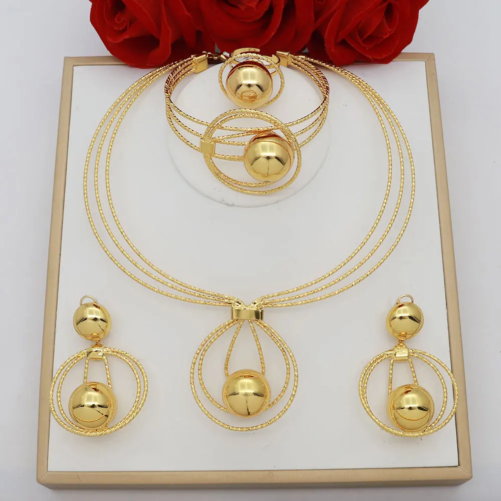 Brazilian 18K Gold Plated Jewelry Set Exquisite Big Round Beads Pendant Necklace Bracelet Earring Ring Wedding Party Gift