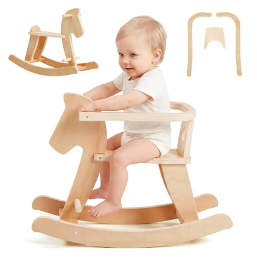 

- Wooden Rocking Horse, Baby Wooden Ride On Toys for M+, Classic Rocker Toy with Removable Fence, Toddler Riding Toy Indoor/Out