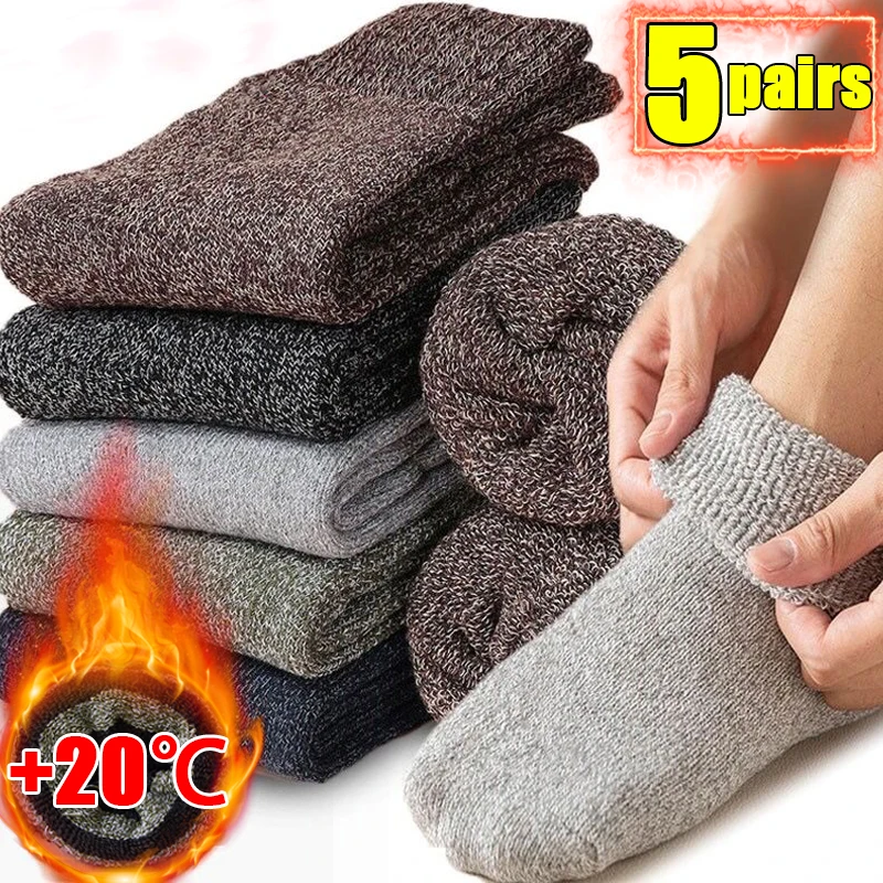 

5pairs Men's Merino Wool Socks Winter Super Thick Warm Stockings Unisex Snow Casual Antifreeze Socks Mid Tube Floor Sleeping Sox