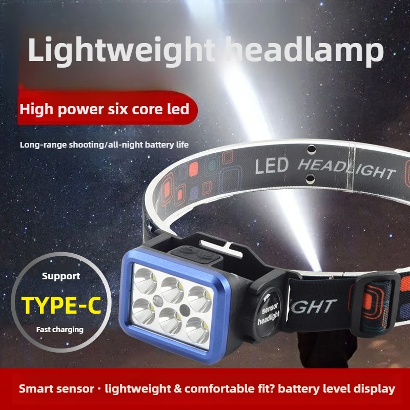 LED Sensor High-Brightness Headlamp Type-C Rechargeable Night Running Fishing Lightweight Mini Headlamp Long Battery Life