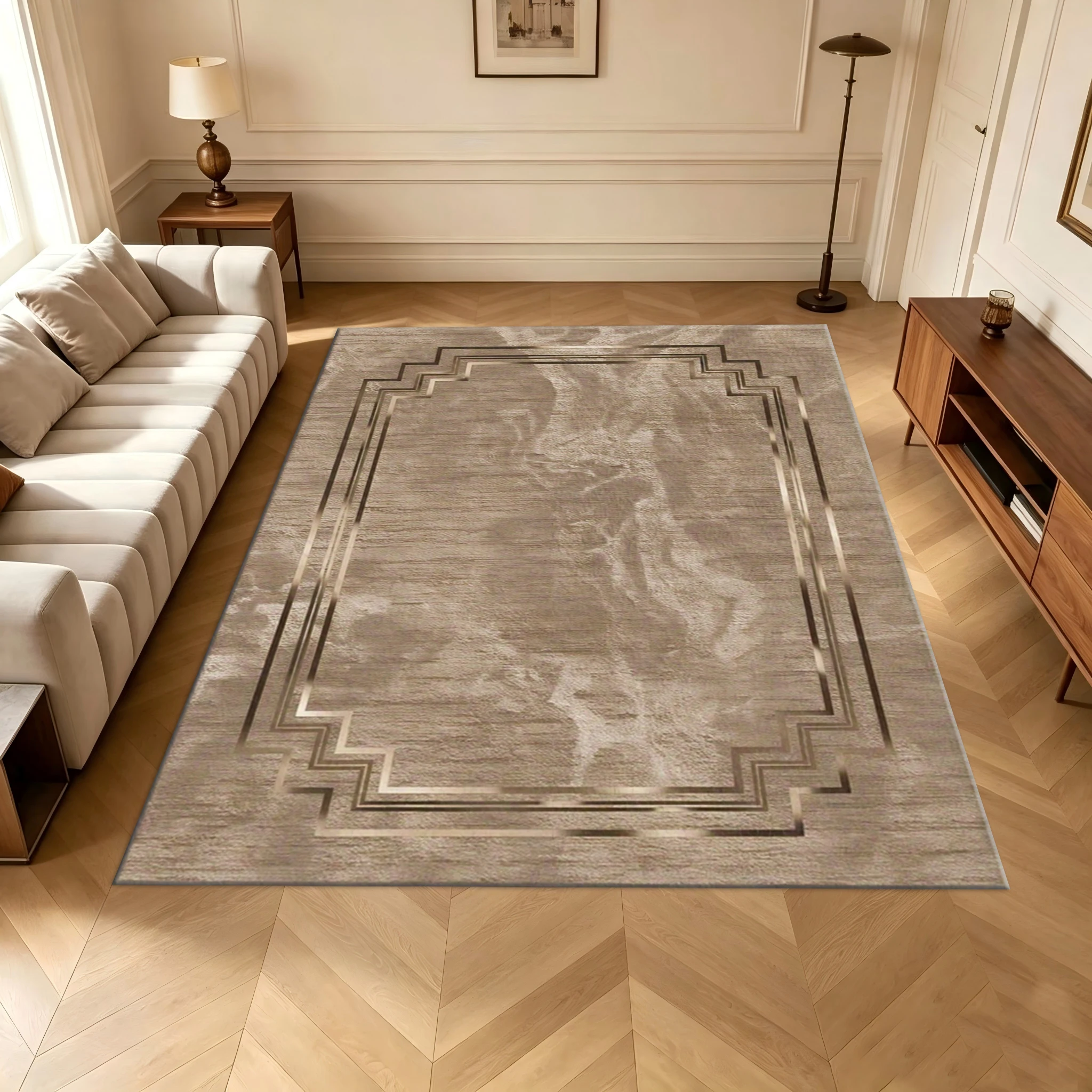 Modern Art Deco Gold Frame Marble Texture Area Rug Beige Luxury Decor Carpet for Living Room Bedroom Home Interior Ornament