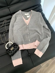 Damski szary jesienno-zimowy sweter z dekoltem w szpic z długim rękawem Y2K Top Korean Retro Academy Fashion Cute 90s Sweater 2024 Odzież