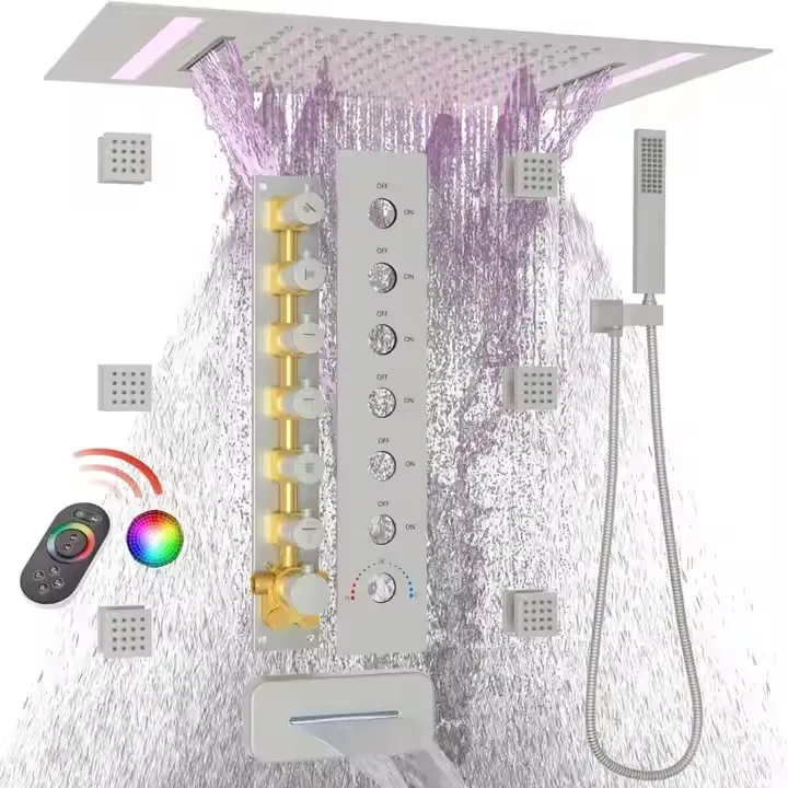 DULABRAHE Luxury LED Full Body Smart Ceiling Mount Multi Function Thermostatic Rainfall Waterfall Shower Jets System Set