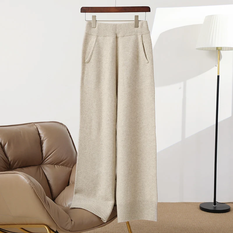 Women's Autumn/Winter New Loose High-Waist Pure Cashmere Pants with Double 7G Cable Knit Wide-Leg Pants